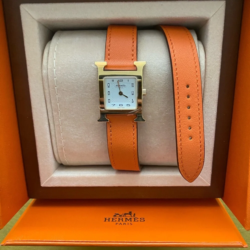 Hermes Heure H Mini Watch - Orange with Gold Face and Double-Length Strap - Picture 2 of 8